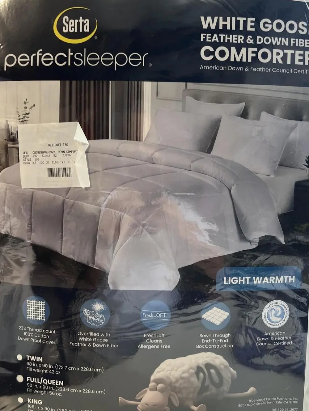 Serta White Goose Feather & Down Fiber Light Warmth Comforter, Full/Queen